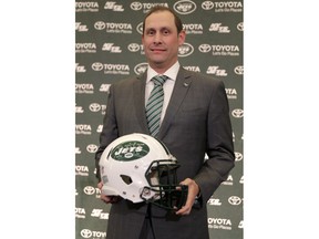 New York Jets new NFL football head coach Adam Gase poses during a news conference in Florham Park, N.J., Monday, Jan. 14, 2019.