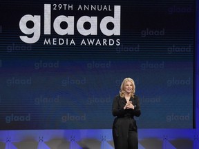 FILE - In this April 12, 2018 file photo, GLAAD President Sarah Kate Ellis speaks at the 29th annual GLAAD Media Awards at the Beverly Hilton Hotel in Beverly Hills, Calif.  GLAAD is honoring video games for the first time during its 30th annual GLAAD Media Awards. The lesbian, gay, bisexual, transgender and queer advocacy group on Friday, Jan. 25, 2019 announced 151 nominees in 27 categories for what the group says are fair, accurate and inclusive representations of LGBTQ people and issues.