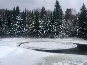 This Wednesday, Jan. 16, 2019 provided by David Loome shows an ice disk that's about 30 or 40 feet across at Baxter State Park in Millinocket, Maine.  It's smaller than the ice disk measuring about 100 yards across formed in the Presumpscot River in Westbrook and garnered media attention around the word.  (Courtesy David Loome via AP)