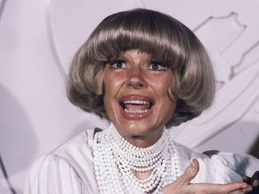 FILE - This Feb. 24, 1982 file photo shows actress Carol Channing at the Grammy Awards  in Los Angeles. Channing, whose career spanned decades on Broadway and on television has died at age 97. Publicist B. Harlan Boll says Channing died of natural causes early Tuesday, Jan. 15, 2019 in Rancho Mirage, Calif.