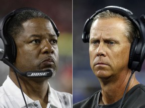 FILE - At left, in an Aug. 30, 2018, file photo, then-Arizona Cardinals head coach Steve Wilks looks on during the first half of a preseason NFL football game against the Denver Broncos, in Glendale, Ariz. At right, in a Dec. 18, 2016, file photo, then-Tampa Bay Buccaneers offensive coordinator Todd Monken walks along the sideline during an NFL football game against the Dallas Cowboys, in Arlington, Texas. New Browns coach Freddie Kitchens has hired Todd Monken as his offensive coordinator and Steve Wilks to run his defense. (AP Photo/File)