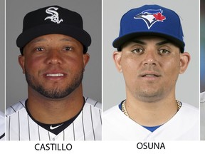 From left are 2018 file photos showing Robinson Cano, Welington Castillo, Roberto Osuna and Colby Rasmus. Spending on Major League Baseball payrolls dropped last season for the first time since 2010, an $18 million decrease attributable to drug and domestic violence suspensions and a player retiring at midseason. Seattle second baseman Robinson Cano lost about $11.7 million and Chicago White Sox catcher Welington Castillo approximately $3.5 million after positive drug tests. Closer Roberto Osuna's domestic violence suspension cost him roughly $2.1 million from Toronto and Houston, and Baltimore outfielder Colby Rasmus walked away from about $1.5 million rather than try to come back from a hip injury. (AP Photo/File)