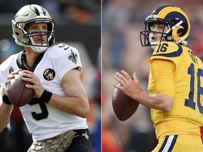 FILE - At left, in a Nov. 11, 2018, file photo, New Orleans Saints quarterback Drew Brees looks to pass in the first half of an NFL football game against the Cincinnati Bengals in Cincinnati. At right, in a Nov. 19, 2018, file photo, Los Angeles Rams quarterback Jared Goff warms up before an NFL football game against the Kansas City Chiefs in Los Angeles. The Rams and Saints will play in the NFC conference championship on Sunday, Jan. 20, in New Orleans. (AP Photo/File)