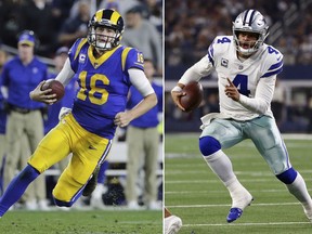 FILE - At left, in a Dec. 16, 2018, file photo, Los Angeles Rams quarterback Jared Goff carries the ball during an NFL football game against the Philadelphia Eagles, in Los Angeles. At right, in a Nov. 22, 2018, file photo, Dallas Cowboys quarterback Dak Prescott (4) scrambles against the Washington Redskins during the first half of an NFL football game, in Arlington, Texas. The Rams and Cowboys meet in a divisional playoff game on Saturday, Jan. 12, 2019.  (AP Photo/File)