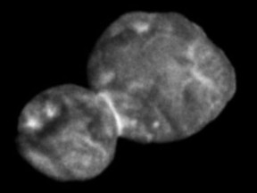 This Tuesday, Jan. 1, 2019 image made available by NASA shows the Kuiper belt object Ultima Thule, about 1 billion miles beyond Pluto, encountered by the New Horizons spacecraft. (NASA via AP)