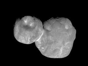 This Tuesday, Jan. 1, 2019 image made available by NASA on Thursday, Jan. 24 shows the Kuiper belt object Ultima Thule, about 1 billion miles beyond Pluto, encountered by the New Horizons spacecraft. It will take almost two years for New Horizons to transmit all the data from the flyby, 4 billion miles (6.4 billion kilometers) away. (NASA/Johns Hopkins University Applied Physics Laboratory/Southwest Research Institute via AP)