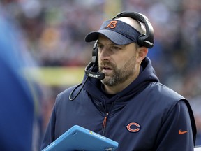 FILE- In this Dec. 16, 2018, file photo, Chicago Bears head coach Matt Nagy watches the action from the sideline during the first half of an NFL football game against the Green Bay Packers in Chicago. After winning the NFC North, the Bears host the Philadelphia Eagles in a wild card game packed with story lines on Sunday, Jan. 6, 2019.