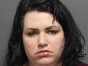 This Monday, Jan. 7, 2019, photo released by the Wyoming, Pa., Police Department shows a booking photo of Ashley Keister. Police in Pennsylvania said Keister smashed her way into a closed police station looking for an officer she'd been sexually harassing ever since he arrested her. Police said Keister, of Nanticoke, used a large cigarette butt receptacle to smash glass doors into the West Wyoming police building on Monday. (Wyoming, Pa., Police Department via AP)