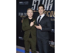 Actors Anthony Rapp, left, and Ethan Peck pose together at the "Star Trek: Discovery" season two premiere at the Conrad New York on Thursday, Jan. 17, 2019, in New York.
