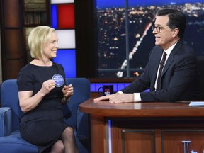 This image released by CBS shows Sen. Kirsten Gillibrand, D- N.Y. with host Stephen Colbert during a taping of "The Late Show With Stephen Colbert," Tuesday, Jan. 15, 2019 in New York. The New York Democrat announced that she is forming an exploratory committee to run for President in 2020.