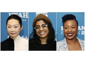 This combination photo shows directors, from left, Lulu Wang at the premiere of her film "The Farewell" during the Sundance Film Festival on Jan. 25, 2019, Minhal Baig at the premiere of her film "Hala" during the Sundance Film Festival on Jan. 26, 2019 and Chinonye Chukwu at the premiere of her film "Clemency" at the Sundance Film Festival in Park City, Utah on Jan. 27, 2019. Among the 1,200 top films of the past 12 years, female directors of color are in the single digits, with only five black females, three Asian females and one Latina, according to a study by USC Annenberg's Inclusion Initiative. But the 2019 Sundance Film Festival is proving to be a referendum on the dismal industry statistics. (AP Photo)