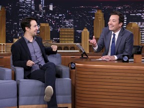 This Oct. 4, 2016 image released by NBC shows Lin-Manuel Miranda during an interview with host Jimmy Fallon on "The Tonight Show Starring Jimmy Fallon," in New York. Fallon's "Tonight Show" broadcast from Puerto Rico on Jan. 15, will showcase artists with ties to the U.S. territory. Besides previously announced Miranda, Fallon will be joined on the show by Jose Feliciano, Bad Bunny and Ozuna.