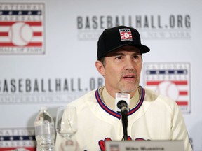 Baseball Hall of Fame inductee Mike Mussina speaks during news conference Wednesday, Jan. 23, 2019, in New York.