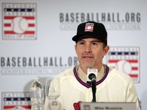 Baseball Hall of Fame inductee Mike Mussina speaks during news conference Wednesday, Jan. 23, 2019, in New York.