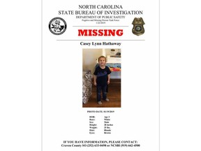 This undated image provided by the Craven County Sheriff's Office shows its online poster for missing Casey Lynn Hathaway. Hundreds of volunteers are helping authorities search for the 3-year-old North Carolina boy last seen playing near his grandmother's home. (Craven County Sheriff's Office via AP)