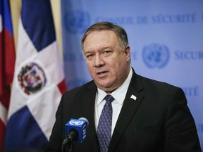 U.S. Secretary of State Mike Pompeo speaks to the press after attending the U.N. Security Council at United Nations Headquarters Saturday, Jan. 26, 2019. Pompeo encouraged the council to recognize Juan Guaido as the constitutional interim President of Venezuela.