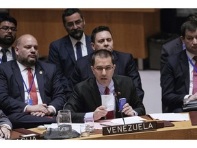 Venezuela's Minister of Foreign Affairs Jorge Arreaza speaks during the United Nations Security Council at the U.N. Saturday, Jan. 26, 2019, in New York. During the meeting, U.S. Secretary of State Mike Pompeo encouraged the council to recognize Juan Guaido as the constitutional interim President of Venezuela.