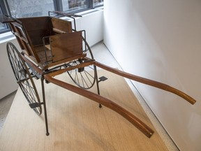 This Wednesday, Jan. 9, 2019, photo shows a Victorian Child's Dog Cart on display at the American Kennel Club Museum of the Dog in New York. The museum opens Feb. 8.