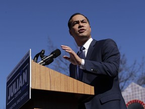 FILE - In this Saturday, Jan. 12, 2019, file photo, former San Antonio Mayor and Housing and Urban Development Secretary Julian Castro speaks during an event where he announced his decision to seek the 2020 Democratic presidential nomination, in San Antonio. Castro launched his campaign by pledging support for "Medicare for All," free universal preschool, a large public investment in renewable energy and two years of free college for all Americans.