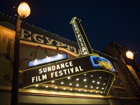 FILE - In this Thursday, Jan. 22, 2015, file photo, the Egyptian Theatre is lit up on Main Street during the first night of the Sundance Film Festival in Park City, Utah. The mountainside festival, which kicks off Thursday, Jan. 24, 2019, in Park City, Utah, has become known for launching nonfiction films to box office successes and awards, and this year is shaping up to be no different.