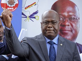 FILE - This Nov. 23, 2018, file photo shows Felix Tshisekedi of Congo's Union for Democracy and Social Progress opposition party, at a press conference in Nairobi, Kenya. Congo's Constitutional Court early Sunday, Jan. 20, 2019, declared the election of Tshisekedi as president, rejecting challenges to the vote by runner-up Martin Fayulu, who had alleged fraud. Tshisekedi, son of the late, charismatic opposition leader Etienne, is now set to be inaugurated on Tuesday.
