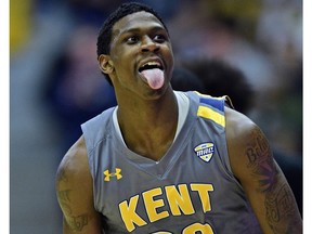 Kent State guard Jaylin Walker celebrates after making a three-point basket during the first half of an NCAA college basketball game against Buffalo, Friday, Jan. 25, 2019, in Kent, Ohio.