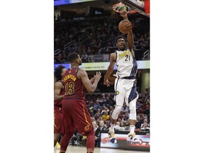 Indiana Pacers' Thaddeus Young dunks against the Cleveland Cavaliers during the first half of an NBA basketball game Tuesday, Jan. 8, 2019, in Cleveland.