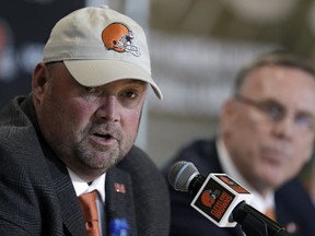 Cleveland Browns new head coach Freddie Kitchens, left, answers questions during an introductory news conference, as Browns general manager John Dorsey listens, at right, Monday, Jan. 14, 2019, in Cleveland. Kitchens helped Baker Mayfield turn his rookie season into a record-breaking one during an impressive eight-game stint as the Browns offensive coordinator.