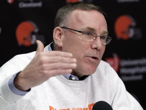 Cleveland Browns general manager John Dorsey answers questions at a news conference at the NFL football team's training camp facility Monday, Dec. 31, 2018, in Berea, Ohio. Browns interim coach Gregg Williams will be the first candidate interviewed for Cleveland's permanent position. Williams led Cleveland to a 5-3 record after Hue Jackson was fired on Oct. 29. Dorsey said Williams, the team's defensive coordinator for the past two seasons, will have his interview Tuesday.