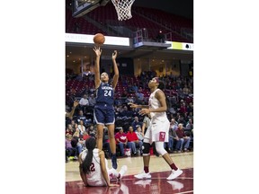 Connecticut's Napheesa Collier, center, shoots the ball with Temple's Emani Mayo, left, and Shantay Taylor, right, defending during the first half of an NCAA college basketball game, Saturday, Jan. 19, 2019, in Philadelphia.