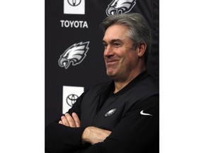 Philadelphia Eagles NFL football coach Doug Pederson smiles during a news conference Tuesday Jan. 15, 2019, in Philadelphia. The Eagles lost to the New Orleans Saints on Sunday, ending their season.