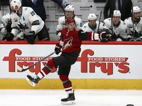 Arizona Coyotes right wing Richard Panik celebrates his goal against the San Jose Sharks during the first period of an NHL hockey game Wednesday, Jan. 16, 2019, in Glendale, Ariz.