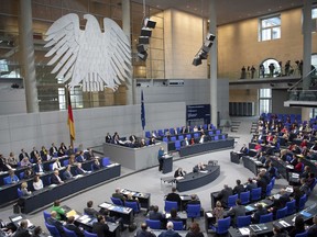 FILE---In this picture taken Nov.21, 2018 German Chancellor Angela Merkel (CDU) speaks in the Bundestag.