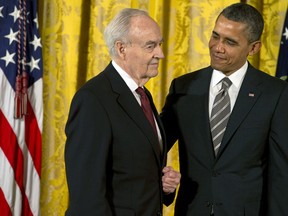 FILE - In this Feb. 15, 2013 file photo, President Barack Obama presents a 2012 Citizens Medal to former Pennsylvania Sen. Harris Wofford, in the East Room of the White House in Washington. Wofford, a civil rights activist who staged an upset Senate win in 1991, has died. He was 92. Wofford died late Monday, Jan. 21, 2019, of complications from a fall in his Washington, D.C., apartment, his son, Daniel Wofford, said.