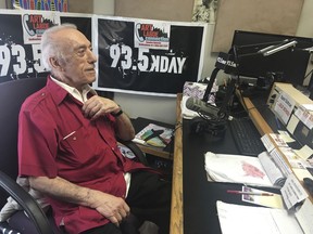 In this Oct. 9, 2018 photo, DJ Art Laboe sits in his Palm Springs, Calif., studio and talks about his 75 years in the radio business. Laboe remains a popular DJ among generations of Mexican American in California, Arizona and New Mexico and has a devoted following among those who every Sunday on his syndicated radio show give dedications to loved ones serving time in prison.