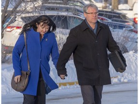 Tanya and Paul Labelle arrive for the third day of sentencing hearings for Jaskirat Singh Sidhu, the driver of the truck that struck the bus carrying the Humboldt Broncos hockey team, in Melfort, Sask., Wednesday, Jan. 30, 2019. Their son Xavier survived the crash but was reported to be among the dead.