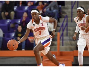 Clemson's Destiny Thomas brings the ball upcourt during the first half of an NCAA college basketball game against Notre Dame Thursday, Jan. 31, 2019, in Clemson, S.C.