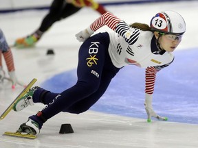 FILE - In this Nov. 13, 2016, file photo, first place finisher Shim Suk-hee, from South Korea, races during the women's 1,500-meter finals at a World Cup short track speedskating event at the Utah Olympic Oval in Kearns, Utah. More South Korean female skaters are saying they have been sexually abused by their coaches following explosive claims by two-time Olympic champion Shim that she had been raped by her former coach since she was a teen, according to group representing athletes on Monday, Jan. 21, 2019.