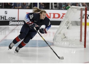 United States' Kendall Coyne skates during the Skills Competition, part of the NHL All-Star weekend, in San Jose, Calif., Friday, Jan. 25, 2019.