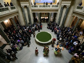 The grand entry to the Sixties Scoop apology at the Saskatchewan Legislative Building.