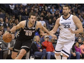 Sacramento Kings forward Nemanja Bjelica (88) drives next to Memphis Grizzlies center Marc Gasol (33) during the first half of an NBA basketball game Friday, Jan. 25, 2019, in Memphis, Tenn.