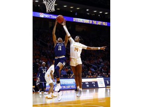 Tennessee guard Zaay Green (14) tips the ball away from Notre Dame forward Brianna Turner (11) during the first half of an NCAA college basketball game Thursday, Jan. 24, 2019, in Knoxville, Tenn.