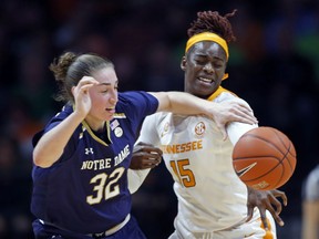 Notre Dame forward Jessica Shepard (32) competes for the ball with Tennessee forward Cheridene Green (15) during the second half of an NCAA college basketball game Thursday, Jan. 24, 2019, in Knoxville, Tenn. Notre Dame won 77-62.