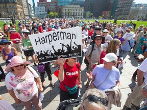 Close to 1,500 protestors, some current and former public servants, showed up on Parliament Hill to sing the Harperman song on Sept. 17, 2015.