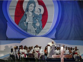 Pope Francis leads a Station of the Cross, at Santa Maria la Antigua field along the Cinta Costera in Panama City, at sunset Friday, Jan. 25, 2019.