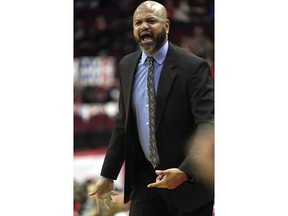 Memphis Grizzlies' coach J.B. Bickerstaff yells at the officials during the first half of an NBA basketball game against the Houston Rockets Monday, Jan. 14, 2019, in Houston.