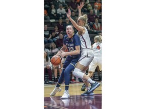 Notre Dame forward Jessica Shepard (32) drives against Virginia Tech forward Regan Magarity during the first half of an NCAA college basketball game Wednesday Jan. 16, 2019, in Blacksburg, Va.