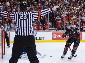 Canada's Maxime Comtois, right, misses a penalty shot on Finland goalie Ukko-Pekka Luukkonen during overtime quarter-final IIHF world junior hockey championship action in Vancouver on Wednesday, Jan. 2, 2019.