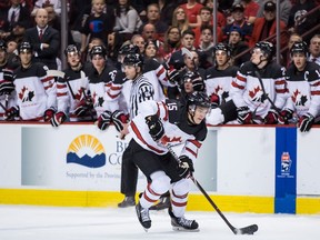 Canada's Shane Bowers skates with the puck during second period IIHF world junior hockey championship action against Russia, in Vancouver on Monday, Dec. 31, 2018.