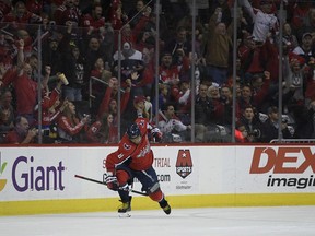 Washington Capitals left wing Alex Ovechkin (8), of Russia, celebrates his goal during the first period of an NHL hockey game against the St. Louis Blues, Monday, Jan. 14, 2019, in Washington.